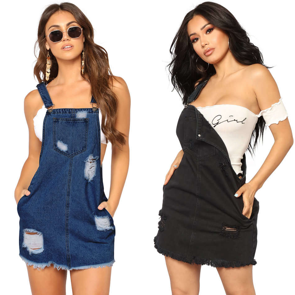 Blue Denim Raw Hem Ripped Casual Mini Dungaree Dress