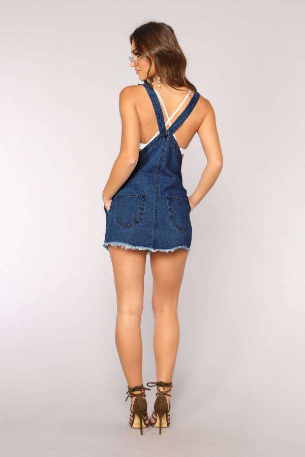 Blue Denim Raw Hem Ripped Casual Mini Dungaree Dress