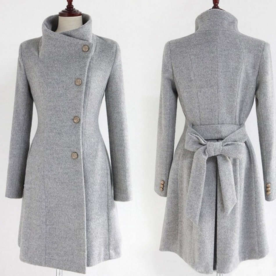 Womens Stand Collar Long Sleeve Grey Slim Fit Coat