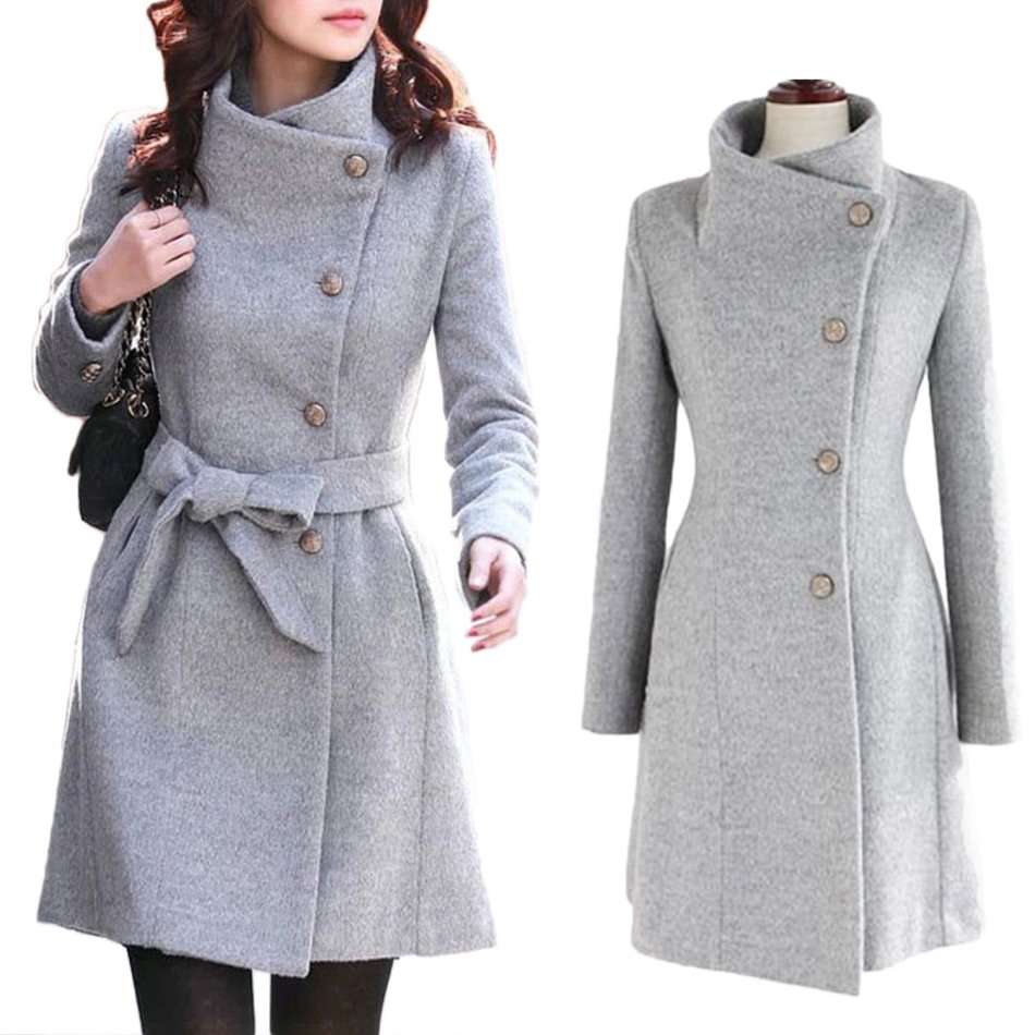 Womens Stand Collar Long Sleeve Grey Slim Fit Coat