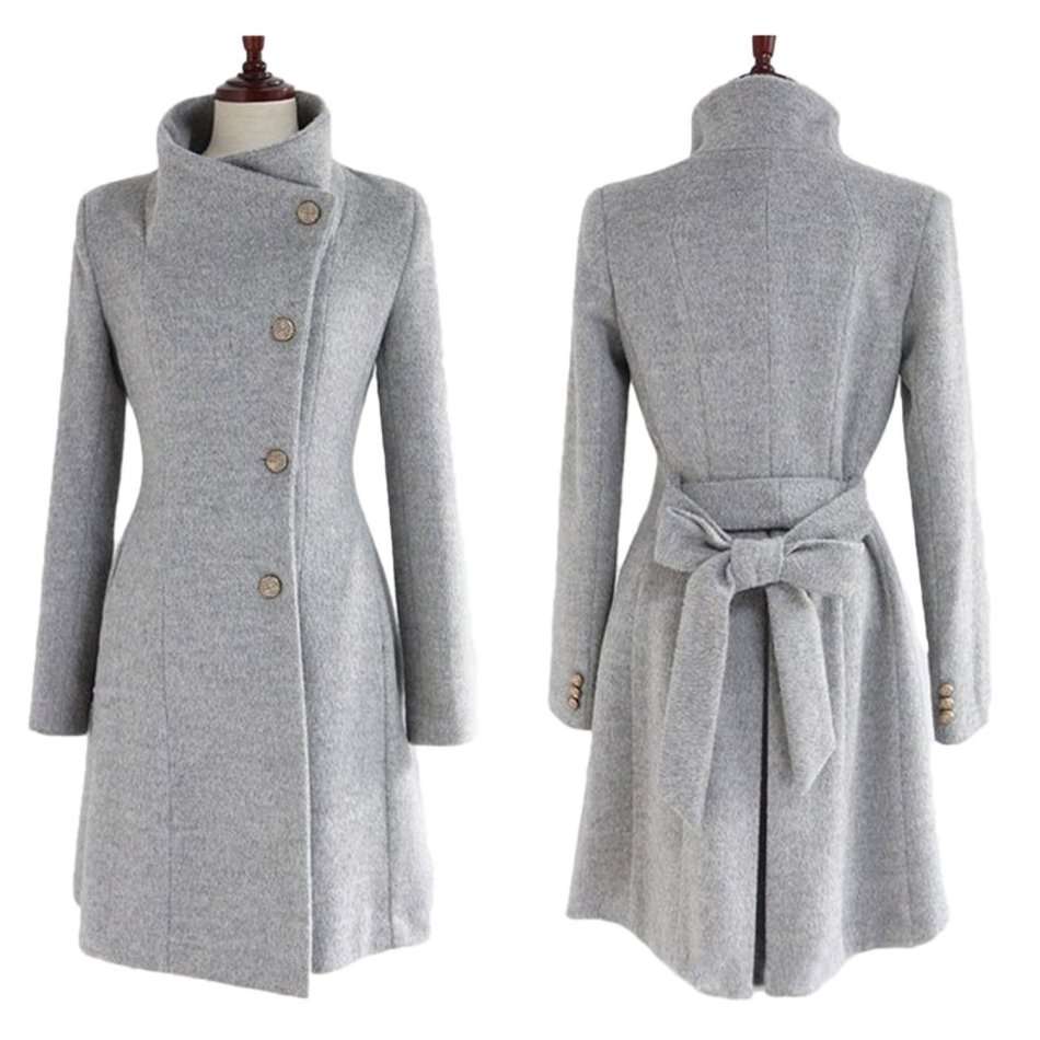 Womens Stand Collar Long Sleeve Grey Slim Fit Coat