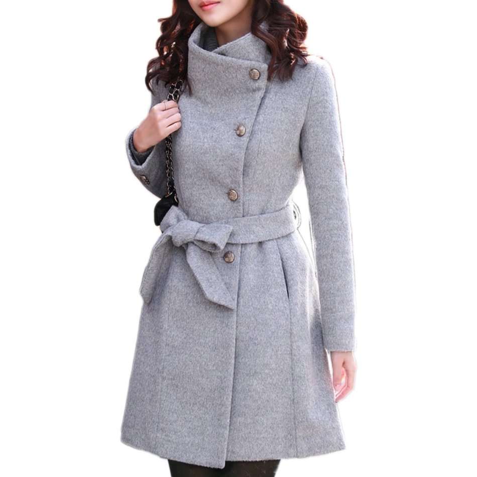 Womens Stand Collar Long Sleeve Grey Slim Fit Coat