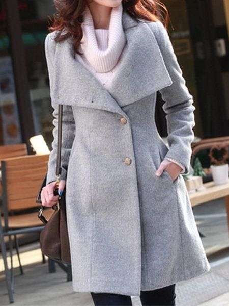 Womens Stand Collar Long Sleeve Grey Slim Fit Coat