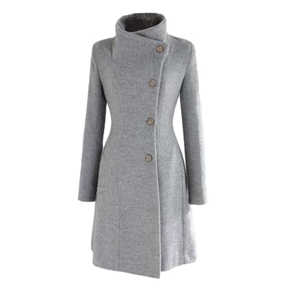 Womens Stand Collar Long Sleeve Grey Slim Fit Coat