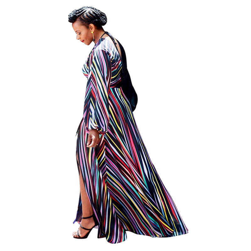 Women Colorful Striped Long Sleeve Maxi Dress