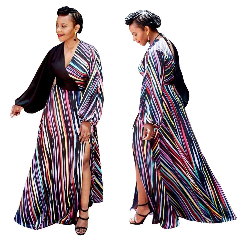 Women Colorful Striped Long Sleeve Maxi Dress