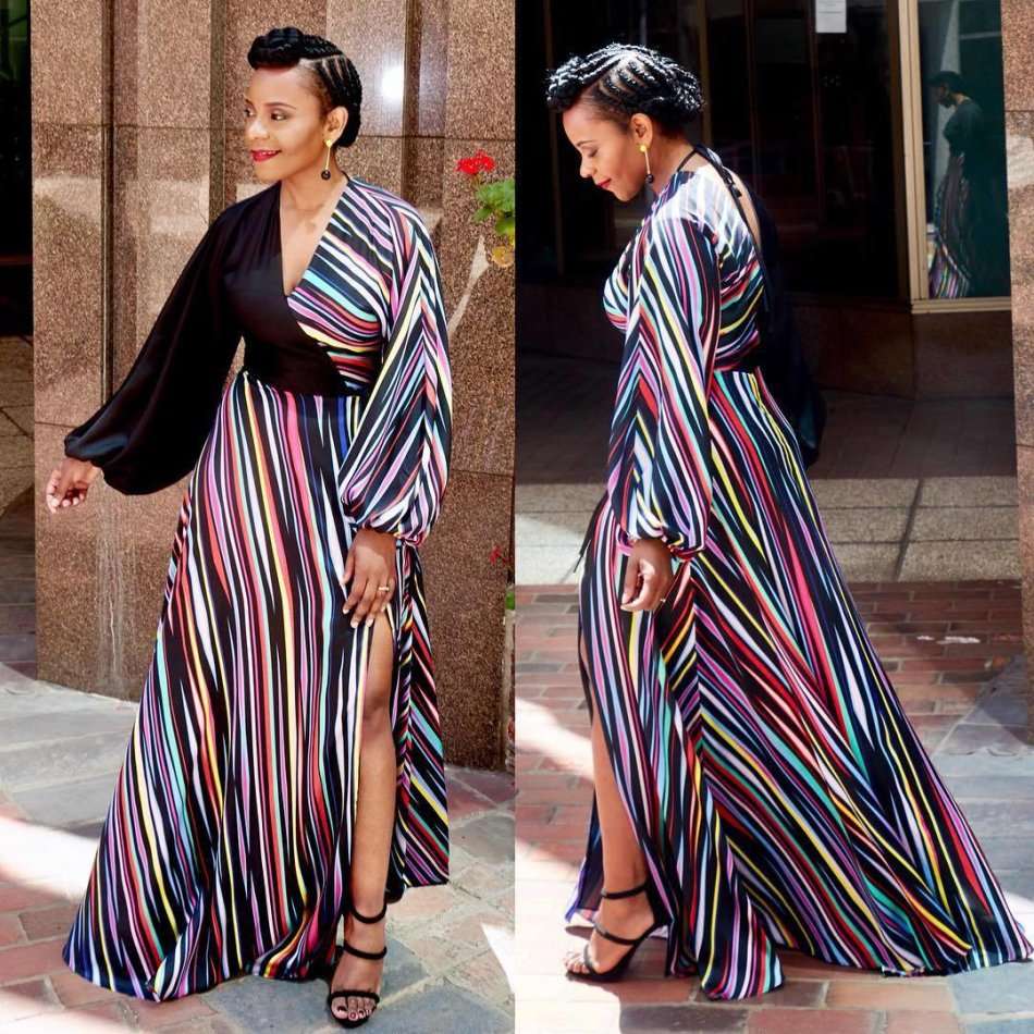 Women Colorful Striped Long Sleeve Maxi Dress