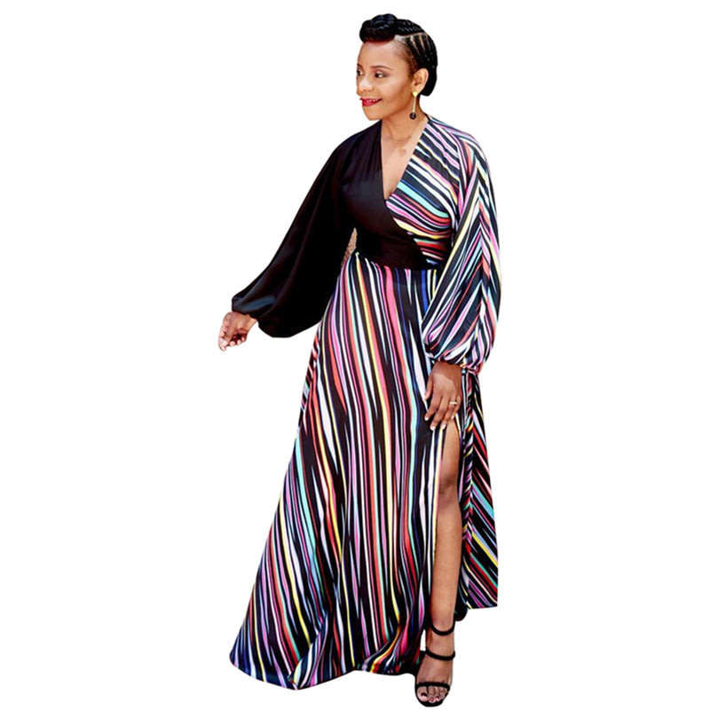 Women Colorful Striped Long Sleeve Maxi Dress