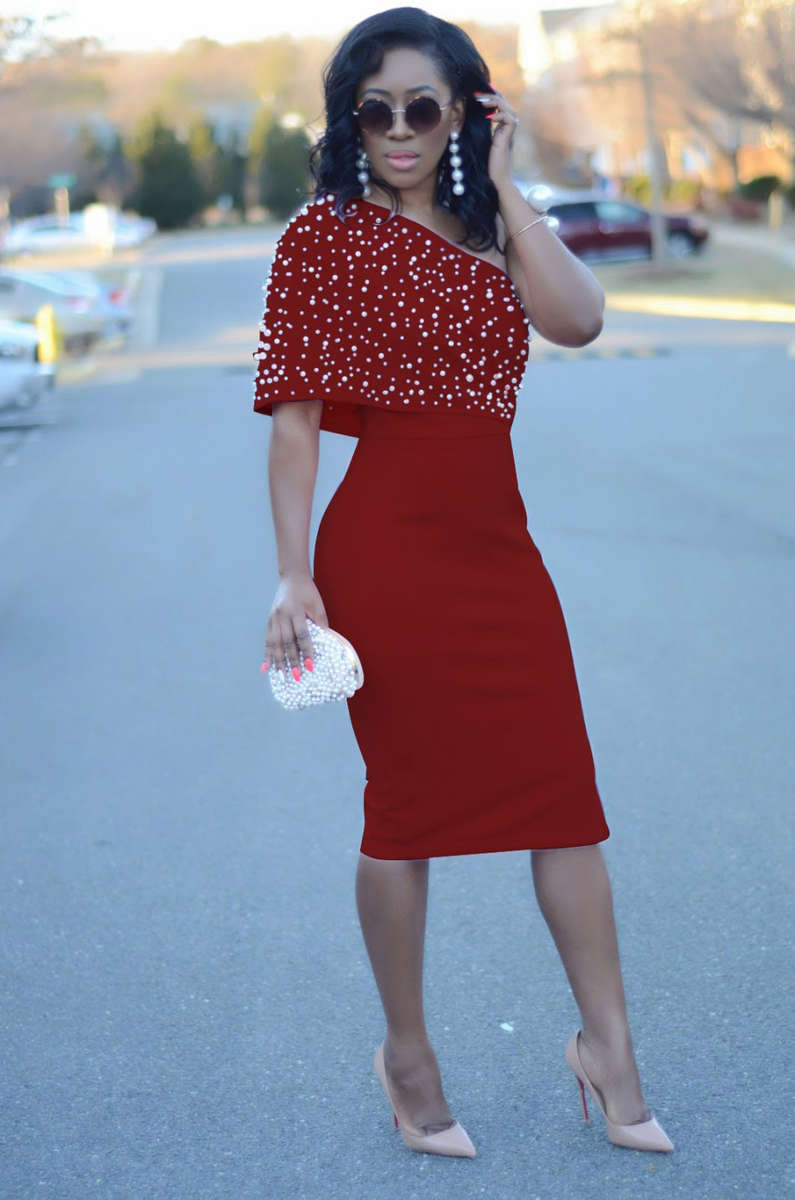 Red Beaded One Shoulder Midi Dress