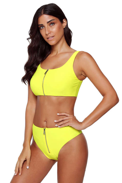 Swimwear Yellow Zip Front Two Piece Bikini Swimsuit - Medium