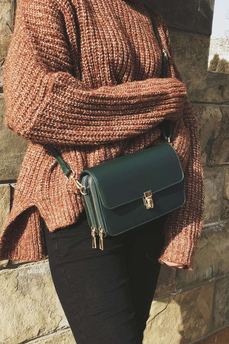 Ladies Double Layer Zipper One Shoulder Crossbody Handbags In Green