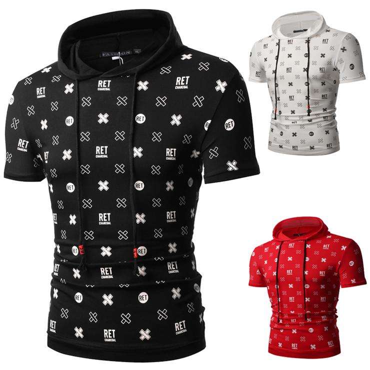 Men's Printed Short Sleeve Hooded Red Tees - Large