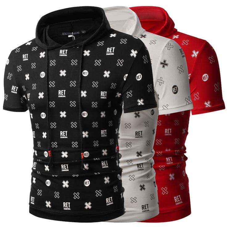 Men's Printed Short Sleeve Hooded Red Tees - Large
