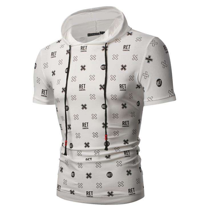 Men's Printed Short Sleeve Hooded Red Tees - Large