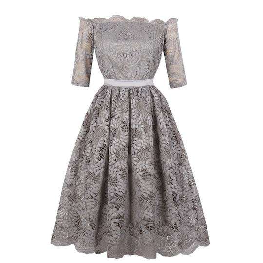 Grey Designer Off The Shoulder Tea Length A-Line Party Lace Dress - 4XLarge