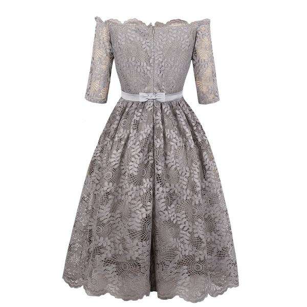 Grey Designer Off The Shoulder Tea Length A-Line Party Lace Dress - 4XLarge