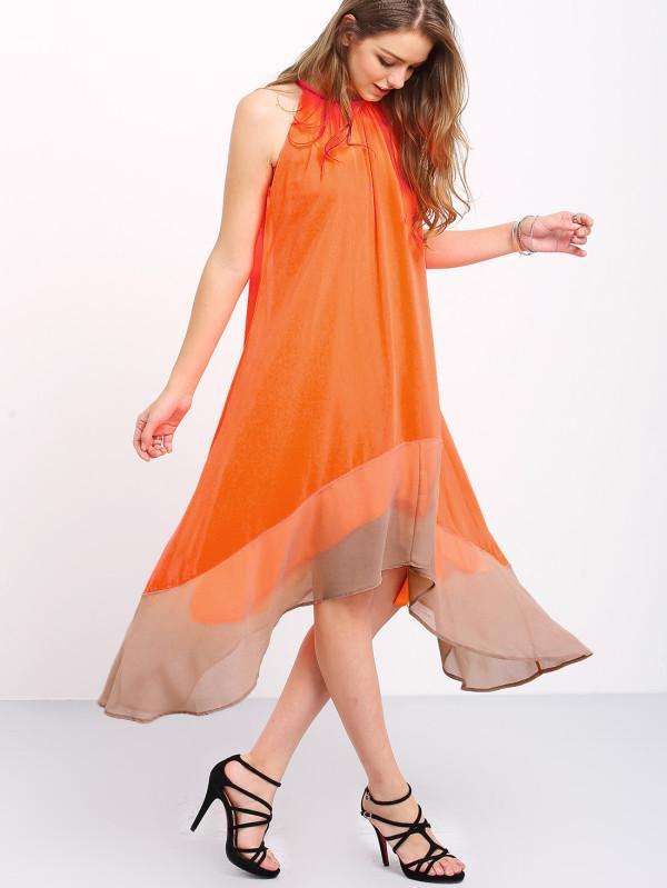 Orange Contrast Color Block Loose Chiffon Midi Dress - Xlarge