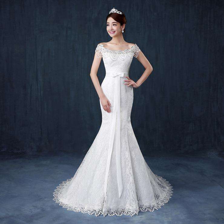White Beaded Floor-Length Mermaid Wedding Dress Bridal Wedding Gown - Xlarge
