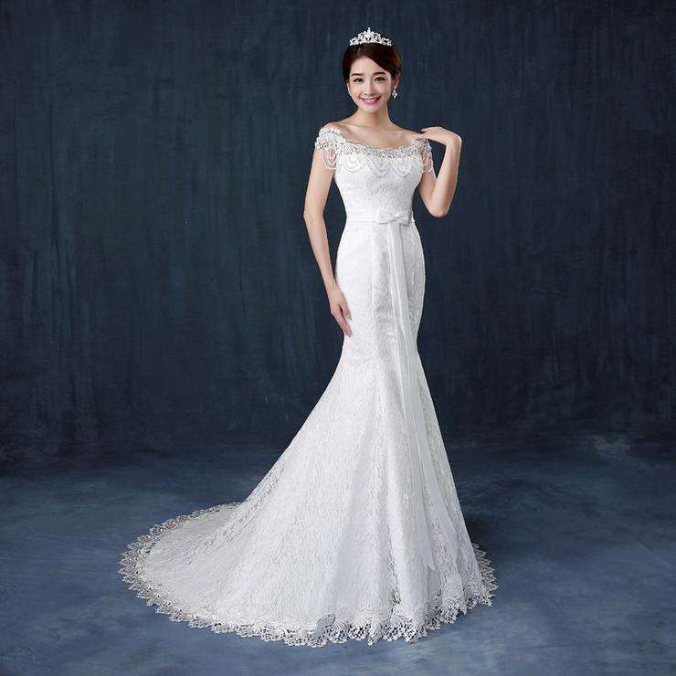 White Beaded Floor-Length Mermaid Wedding Dress Bridal Wedding Gown - Xlarge