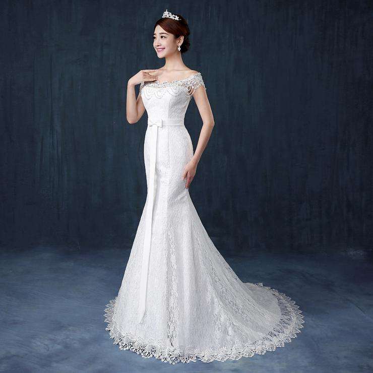 White Beaded Floor-Length Mermaid Wedding Dress Bridal Wedding Gown - Xlarge