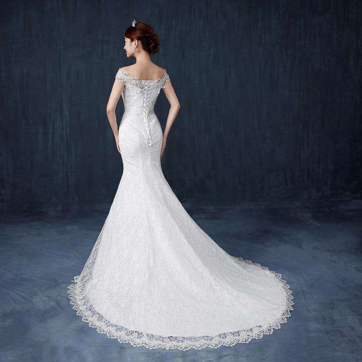 White Beaded Floor-Length Mermaid Wedding Dress Bridal Wedding Gown - Xlarge
