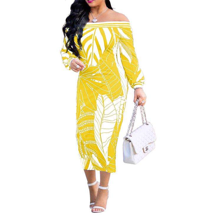 Off Shoulder Palm Leaf Print Bodycon Dress In Yellow - 2XLarge