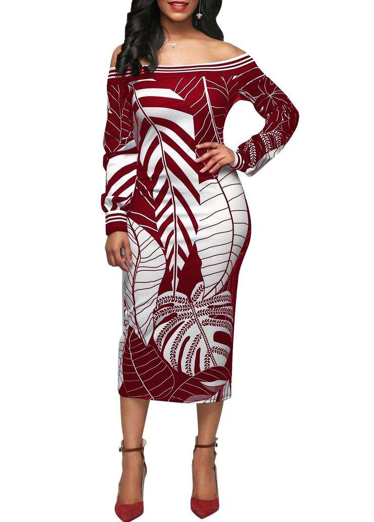 Off Shoulder Palm Leaf Print Bodycon Dress In Wine Red - XLarge