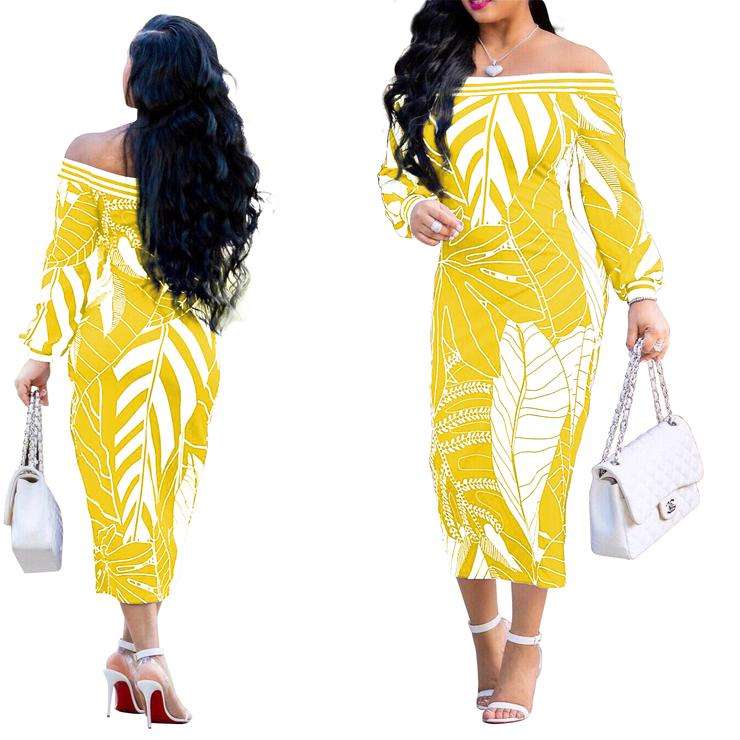 Off Shoulder Palm Leaf Print Bodycon Dress In Yellow - 2XLarge