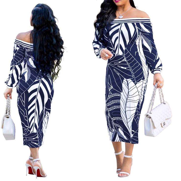 Off Shoulder Palm Leaf Print Bodycon Dress In Blue - Medium