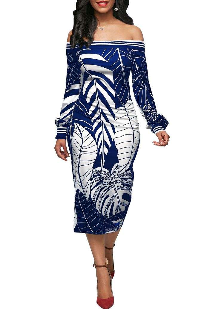 Off Shoulder Palm Leaf Print Bodycon Dress In Blue - Medium