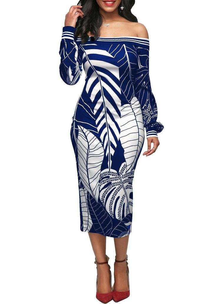 Off Shoulder Palm Leaf Print Bodycon Dress In Blue - Medium