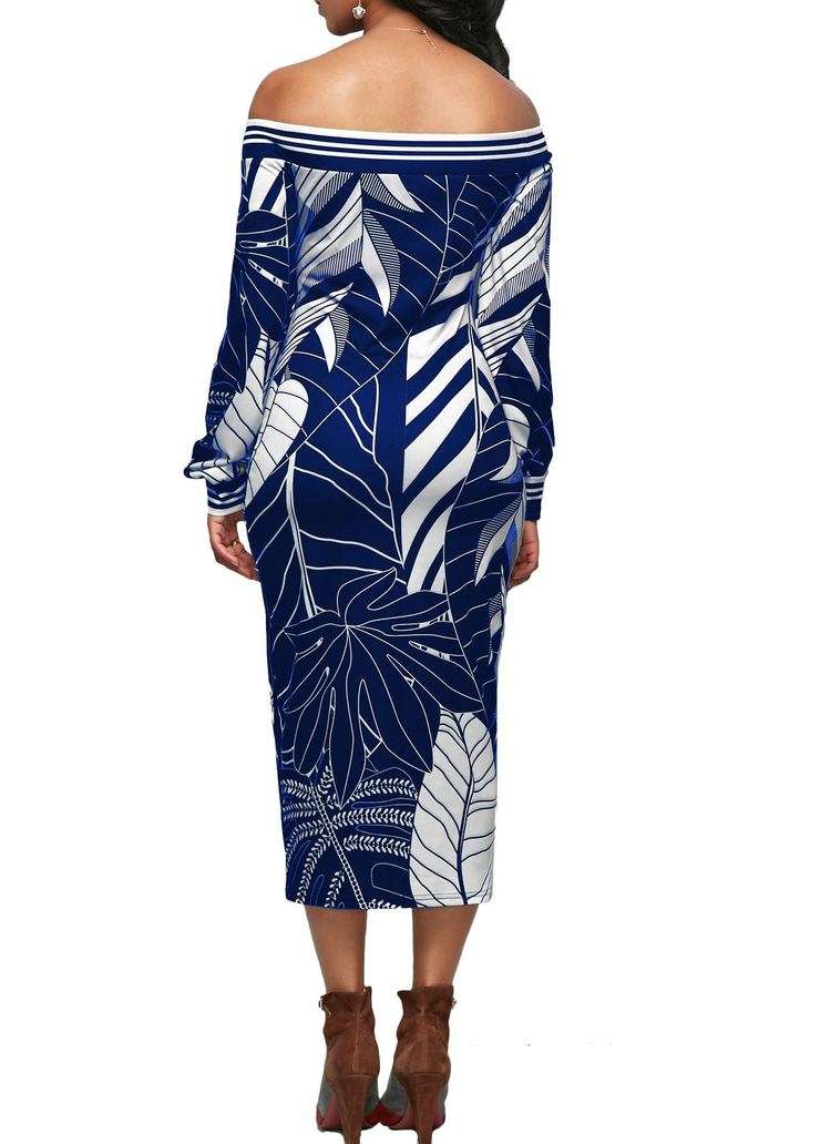 Off Shoulder Palm Leaf Print Bodycon Dress In Blue - Medium
