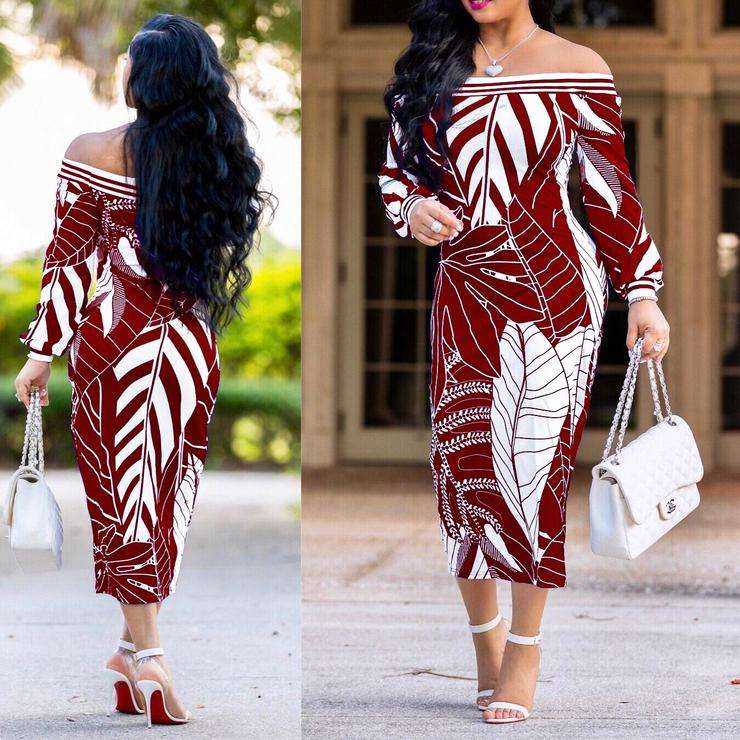 Off Shoulder Palm Leaf Print Bodycon Dress In Wine Red - XLarge