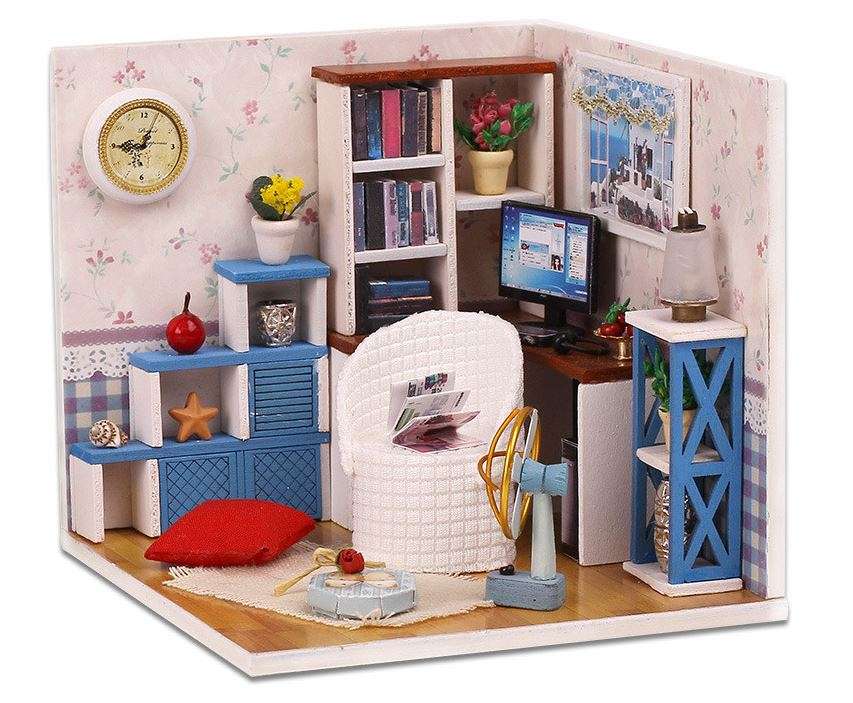 Handcraft Wooden Dolls House Miniature DIY Kit with LED light Creative Warm Time