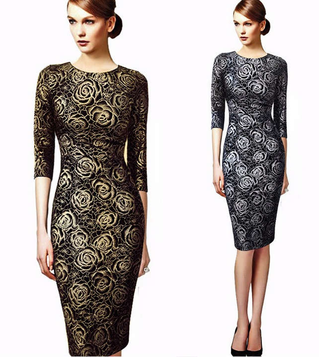 Elegant Vintage Gold Floral Print Formal Bodycon Pencil Dresses - Medium