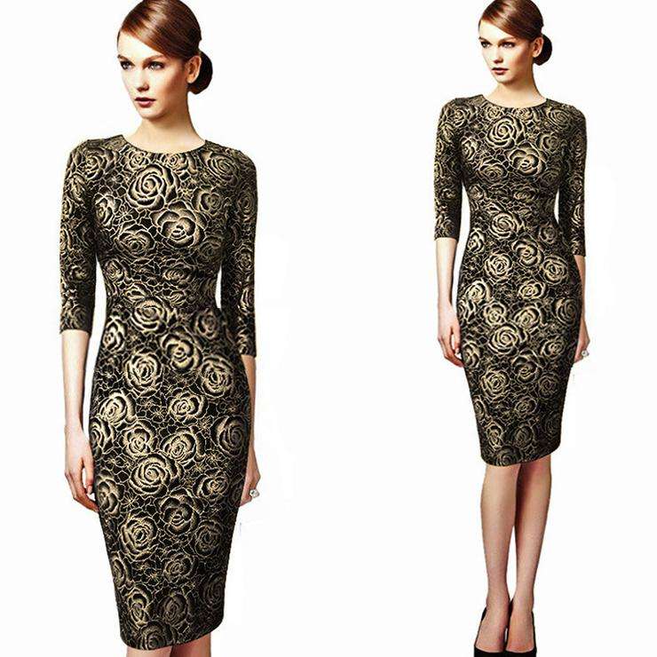 Elegant Vintage Gold Floral Print Formal Bodycon Pencil Dresses - Medium