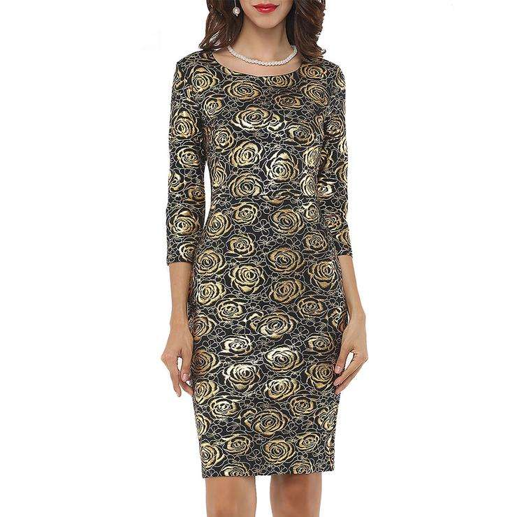 Elegant Vintage Gold Floral Print Formal Bodycon Pencil Dresses - Medium