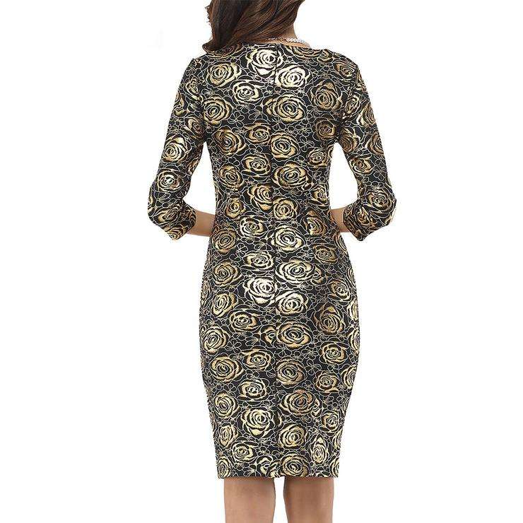 Elegant Vintage Gold Floral Print Formal Bodycon Pencil Dresses - Medium