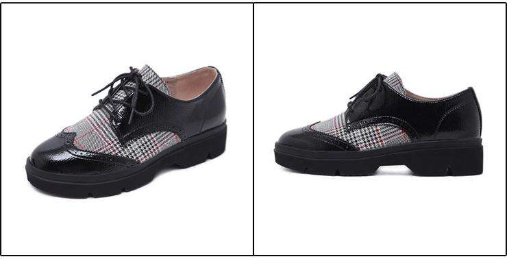 Women Brogue Lace-Up Beige Plaid Shoes - Size 38