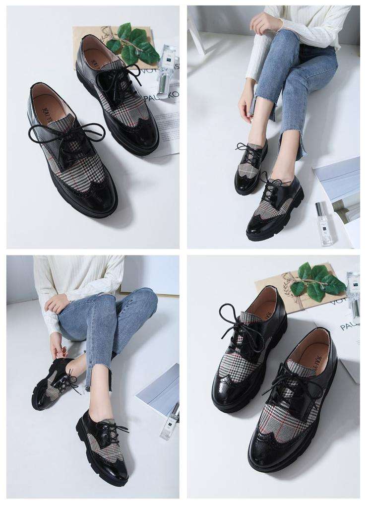 Women Brogue Lace-Up Beige Plaid Shoes - Size 38