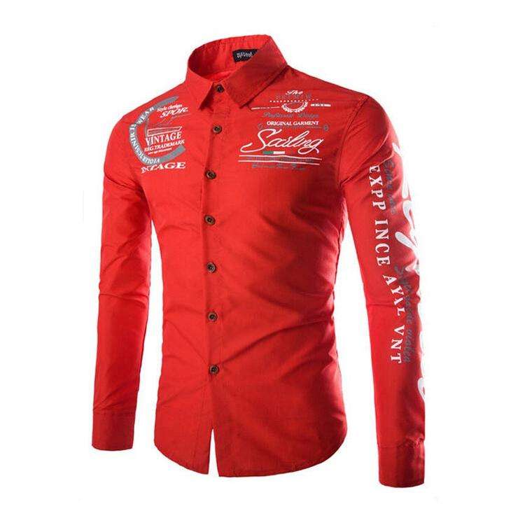 Burgundy Letter Print Long Sleeve Button Down Shirt For Men - 5XLarge