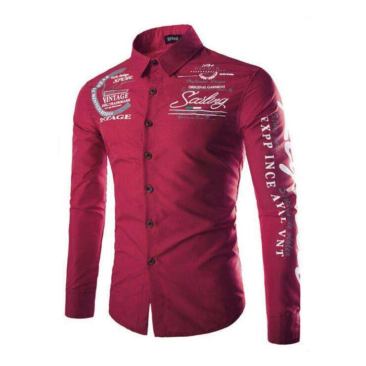 Burgundy Letter Print Long Sleeve Button Down Shirt For Men - 5XLarge