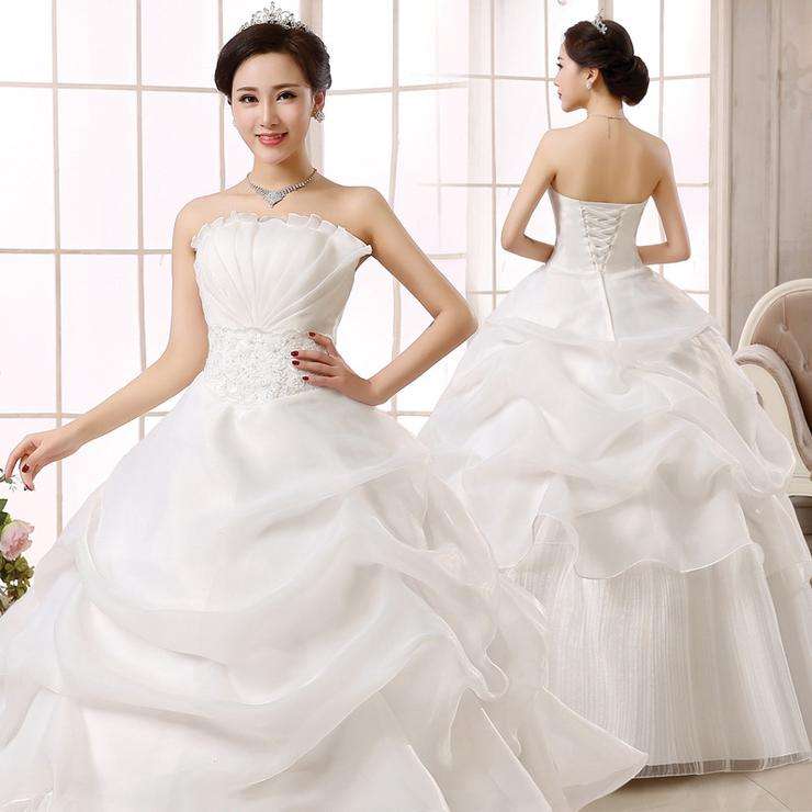 White Ruched Strapless Wedding Dress Bridal Ball Gown Wedding Dresses - Medium