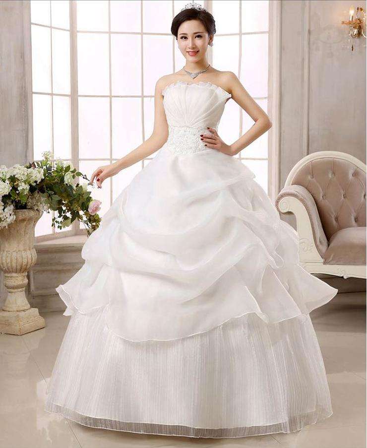 White Ruched Strapless Wedding Dress Bridal Ball Gown Wedding Dresses - Medium