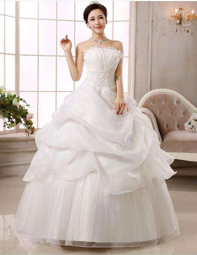 White Ruched Strapless Wedding Dress Bridal Ball Gown Wedding Dresses - Medium