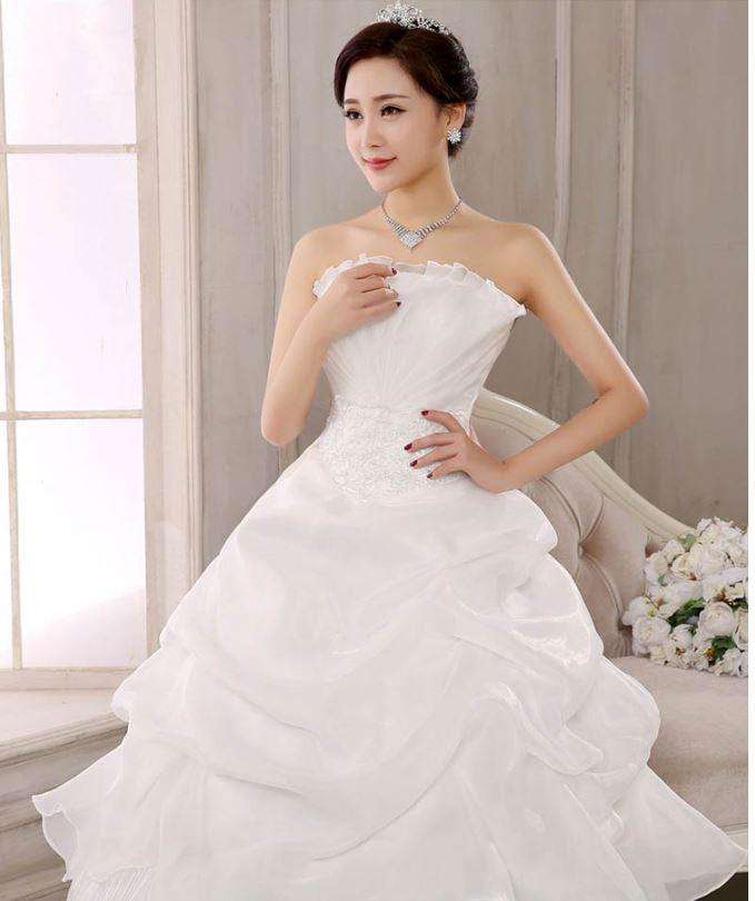 White Ruched Strapless Wedding Dress Bridal Ball Gown Wedding Dresses - Medium