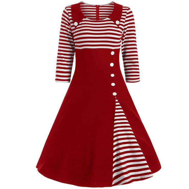 Red Striped Button Embellished Vintage A Line Dress - Large