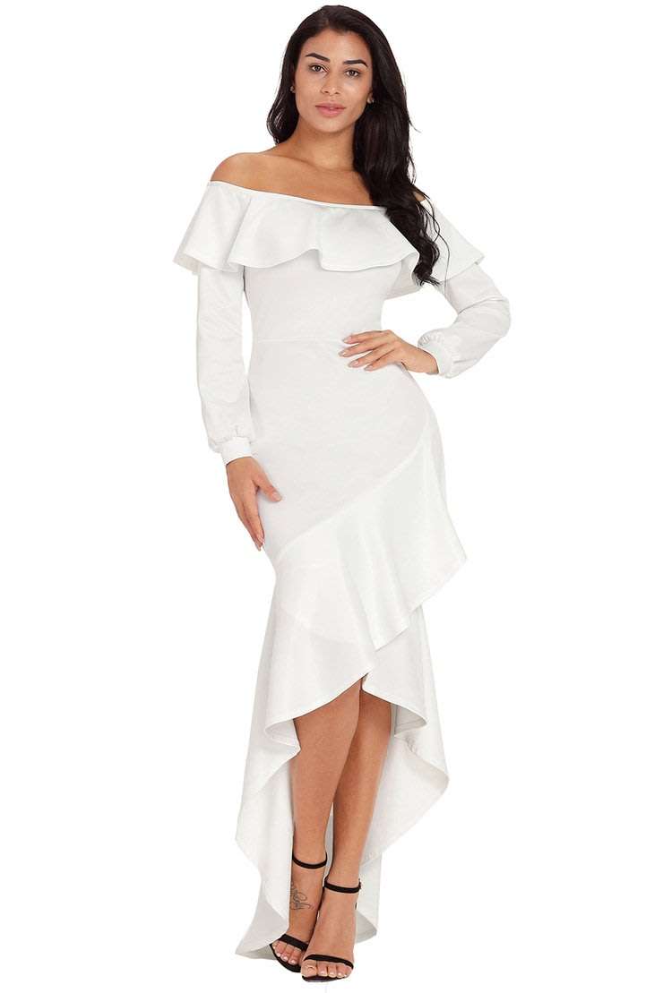 White Off Shoulder Asymmetric Ruffle Formal Maxi Evening Dress - XLarge