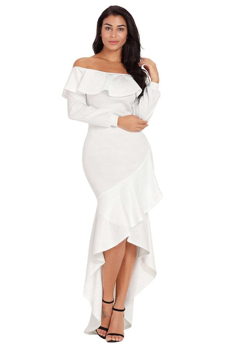 White Off Shoulder Asymmetric Ruffle Formal Maxi Evening Dress - XLarge