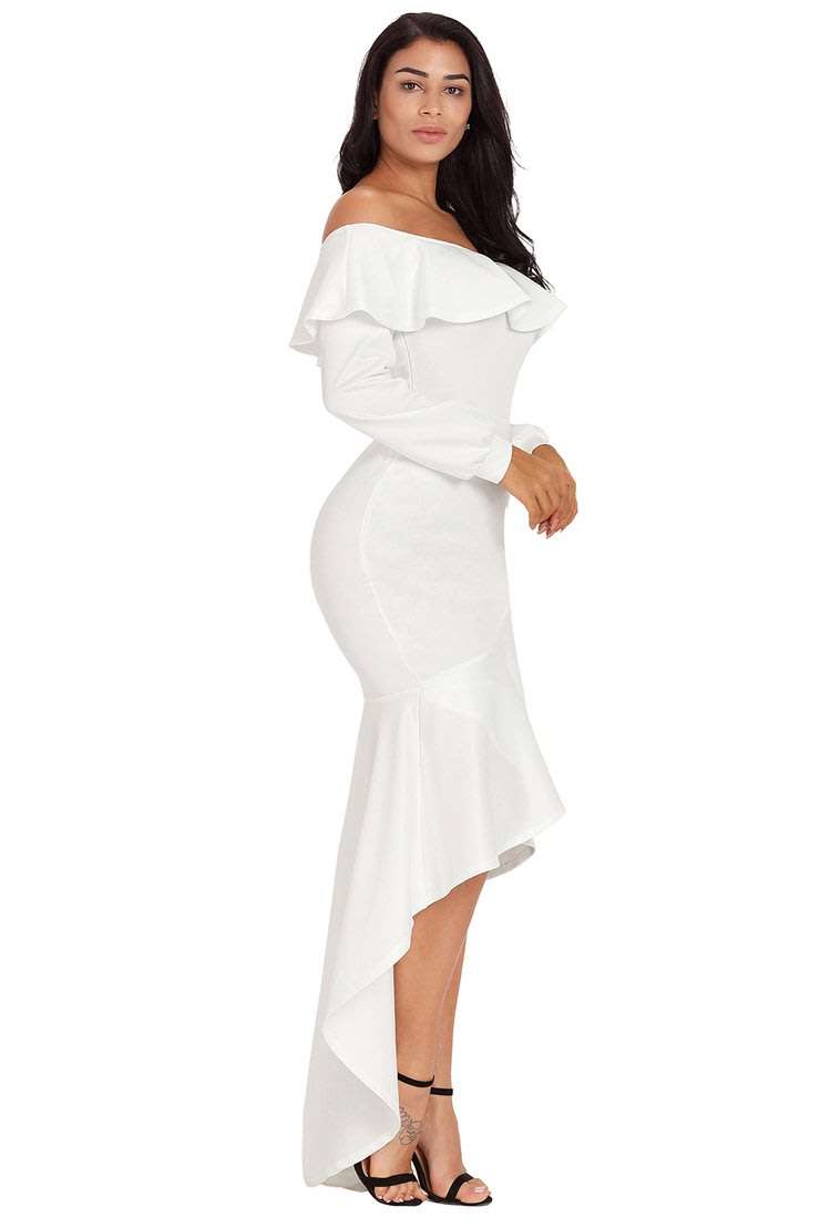 White Off Shoulder Asymmetric Ruffle Formal Maxi Evening Dress - XLarge